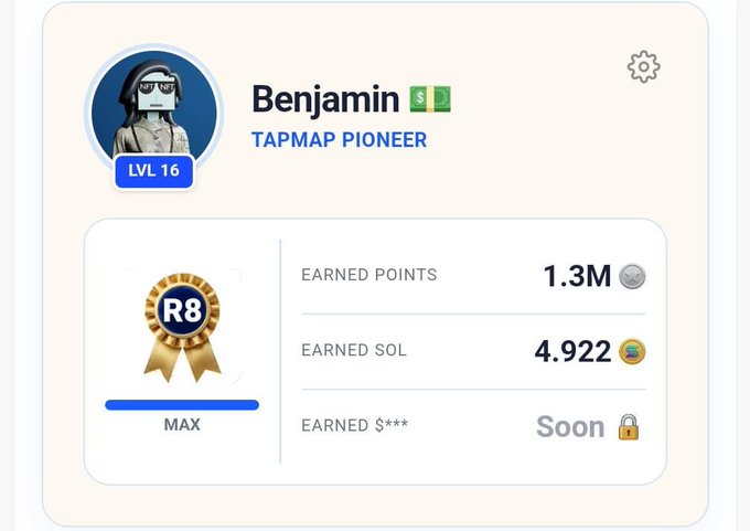 A profile page for 'Benjamin' with the title 'TAPMAP PIONEER' at Level 16, showing earned points of 1.3M and earned SOL of 4.922.
