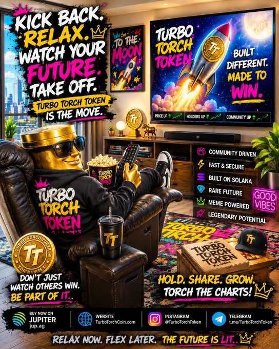 Promotional poster for 'Turbo Torch Token' showing a gold-faced character relaxing in a living room, advertising it as community driven, fast and secure, built on Solana, and a rare future meme coin.
