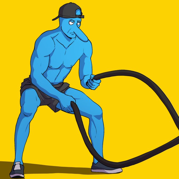 A muscular blue cartoon character wearing a backwards cap struggles intensely while pulling a heavy black rope against a bright yellow background. The image symbolizes perseverance and hard work despite difficulty, reflecting the post's message that the project team will keep building regardless of short-term price action, trusting that the token's value will eventually catch up to the platform's true worth.