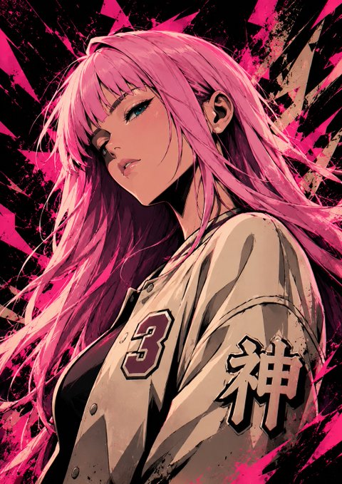 Stylized anime-style illustration of a woman with long pink hair wearing a beige baseball jersey with the number '3' and a Japanese character '神', set against a shattered pink and black background.