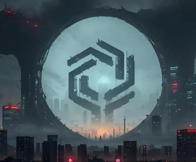A dark, dystopian cityscape with a large hexagonal logo looming over the skyline at night.