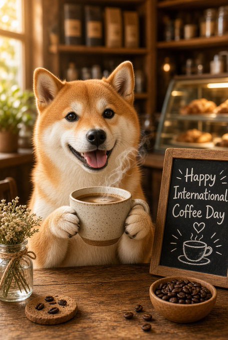 A Shiba Inu dog holds a steaming coffee cup in a cafe, next to a chalkboard reading 'Happy International Coffee Day' with a coffee cup drawing.
