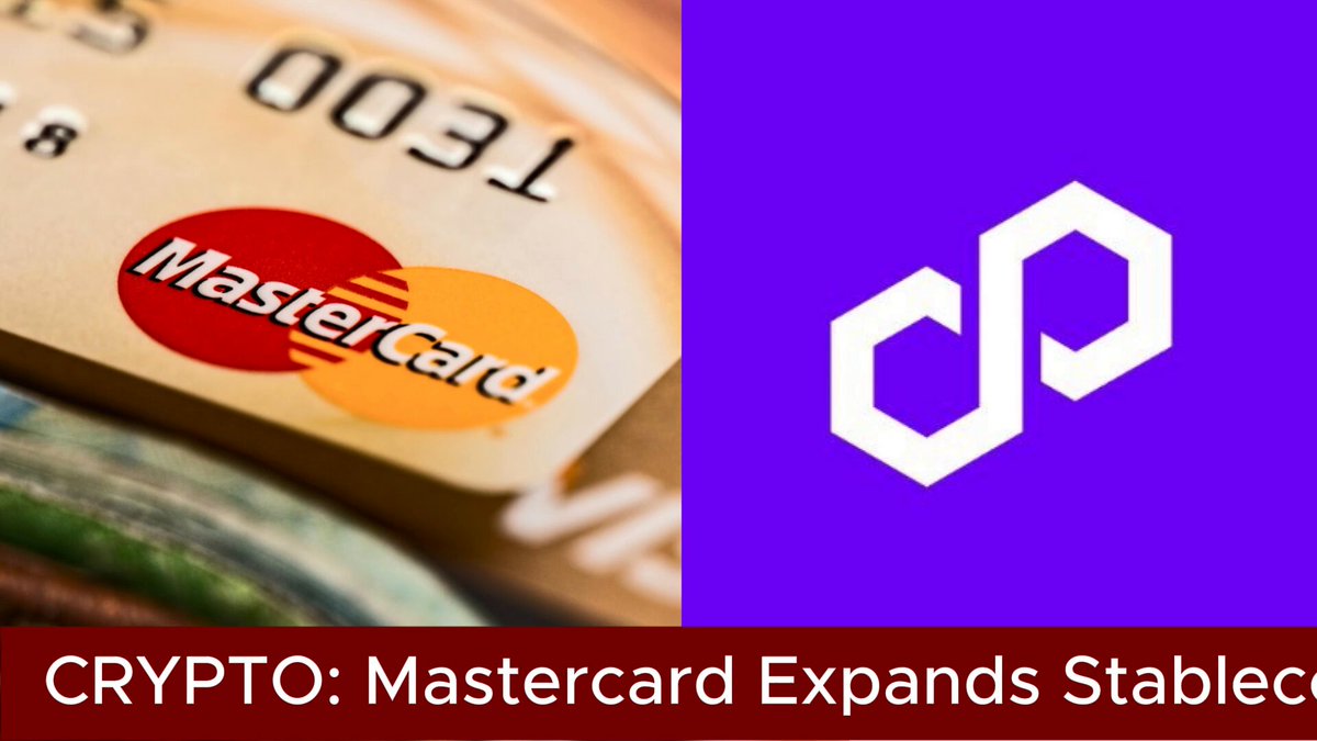 The image shows a Mastercard advertisement for expanding stablecoin settlements using Polygon, a blockchain network. The text "CRYPT! Mastercard Expands Stablecoin Settlement With Polygon ( @0xPolygon )" indicates that the stablecoins are being settled on Polygon's blockchain networks. This expansion allows users to settle their transactions at any time of the day or night and during weekends and holidays, providing greater convenience for those who want to manage their finances outside traditional banking hours.