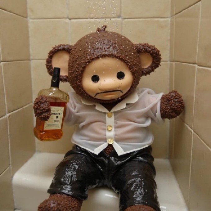 A small bear-like doll wearing a brown bear hat and white shirt sits on a toilet, holding a bottle labeled 'Liberty'.