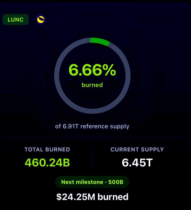 A dashboard for the LUNC cryptocurrency showing '6.66% burned' of a 6.91T reference supply, with 'TOTAL BURNED 460.24B' and 'CURRENT SUPPLY 6.45T'.