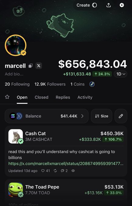 A screenshot of the "marcell" Pump.fun profile shows a portfolio valued at $656,843.04 (up 24.3% at +$131,633.48) with 12.9K followers, featuring top holdings like "Cash Cat" ($450.36K, +106.7%) and "The Toad Pepe" ($53.13K, +33.0%), reinforcing the post's promotion of the account as a source of profitable crypto runners.