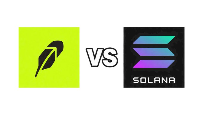 The image displays a "VS" graphic comparing Robinhood's logo (a green square with a black feather/quill icon) against Solana's logo (black square with the colorful striped Solana symbol and "SOLANA" text). This visual frames the post's discussion about the competitive overlap between Robinhood's stock tokenization efforts and Solana-based tokenized stocks like xStocks and Ondo, highlighting that the real battle isn't about tokenizing stocks, but about something deeper.