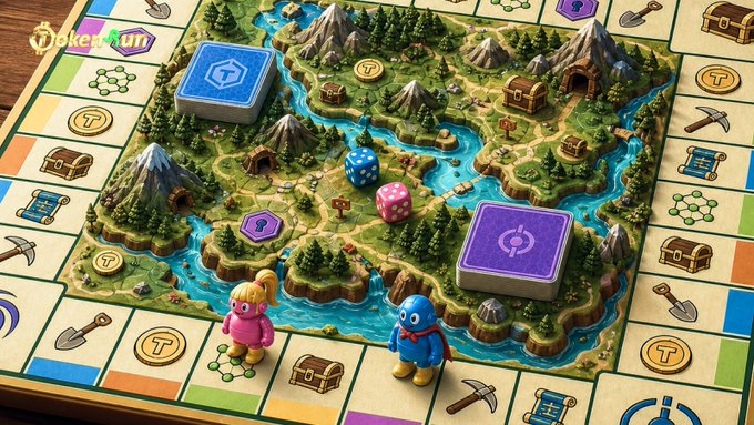 A vibrant game board features a miniature landscape with dice and character tokens, showcasing elements like coins and chests, aligning with the idea that playing @TokenRunApp generates verifiable location data for onchain finance.