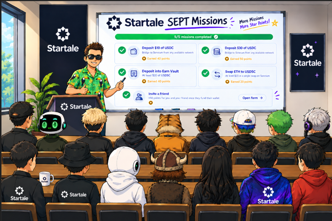 An anime-style illustration of a presenter wearing sunglasses standing before an audience in a lecture hall, with a large screen displaying "Startale SEPT Missions" and tasks like "Deposit $30 of USDC" and "Earn Vault" with "5/5 missions completed".