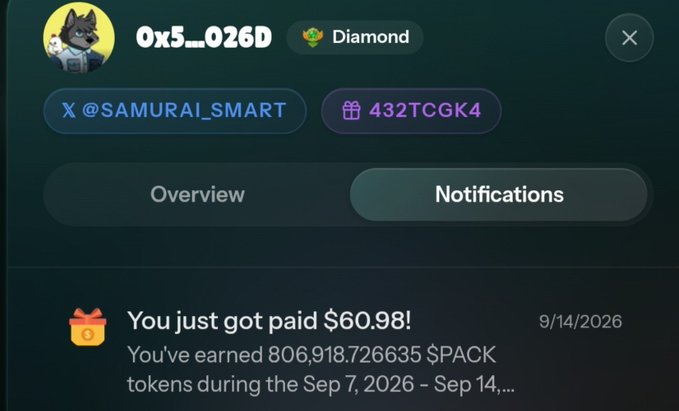 A notification screen from a crypto app showing user '0x5__026D' with a Diamond tier badge, featuring a gift notification that reads 'You just got paid $60.98! You've earned 806,918.726635 $PACK tokens during the Sep 7, 2026 - Sep 14, 2026' period.