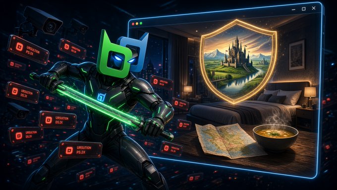 A digital illustration depicts a green and black futuristic warrior wielding a glowing sword in front of a window showing a hotel room, with 'URSUTUN PS.2X' text floating nearby.