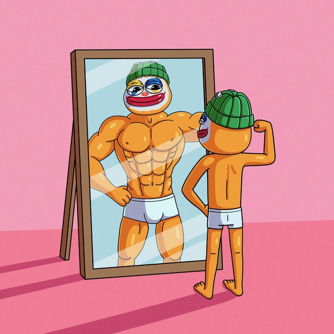 A cartoon illustration shows an orange, thin character wearing a green cap and underwear looking into a mirror and seeing a muscular, confident version of himself flexing.