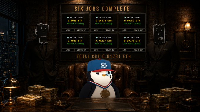 A cartoon penguin wearing a baseball cap and gold chain sits in a leather chair in front of a screen displaying "SIX JOBS COMPLETE" with various ETH payouts totaling "0.01781 ETH", flanked by two figures with pixelated faces.