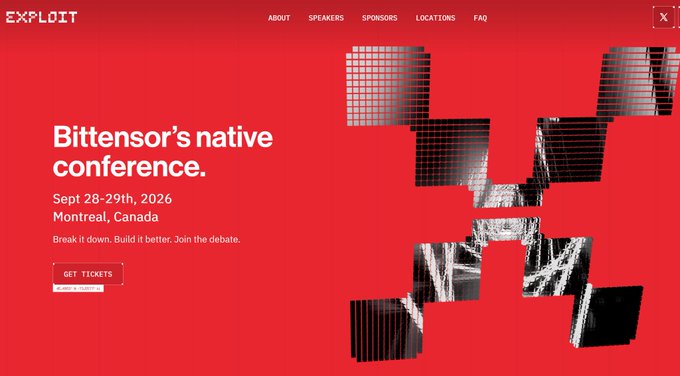 A red promotional webpage for 'EXPLOIT', advertising Bittensor's native conference on Sept 28-29th, 2026 in Montreal, Canada.