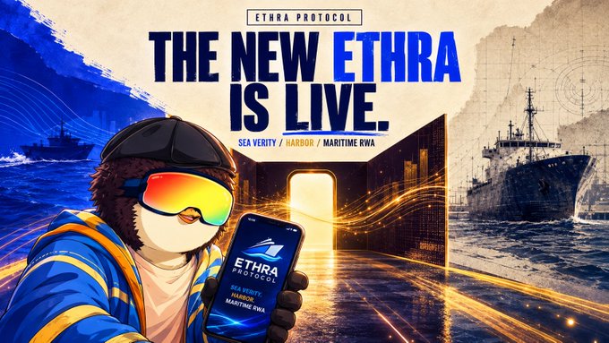 A promotional graphic featuring a penguin mascot in ski goggles and a blue vest holding a phone displaying the ETHRA Protocol app, with text reading 'ETHRA PROTOCOL: THE NEW ETHRA IS LIVE. SEA VERITY / HARBOR / MARITIME RWA.'