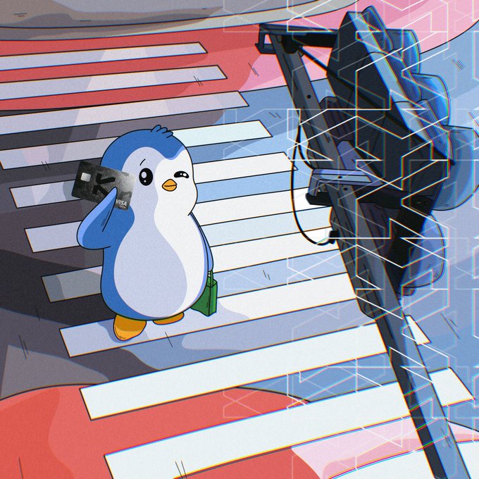 A cartoon blue penguin holding a Visa card and cash stands at a crosswalk while a stylized, glitchy camera-like figure photographs it, symbolizing how KAST.xyz is investing in a dedicated creative studio to build a premium, trustworthy visual identity for its global stablecoin-powered money app.