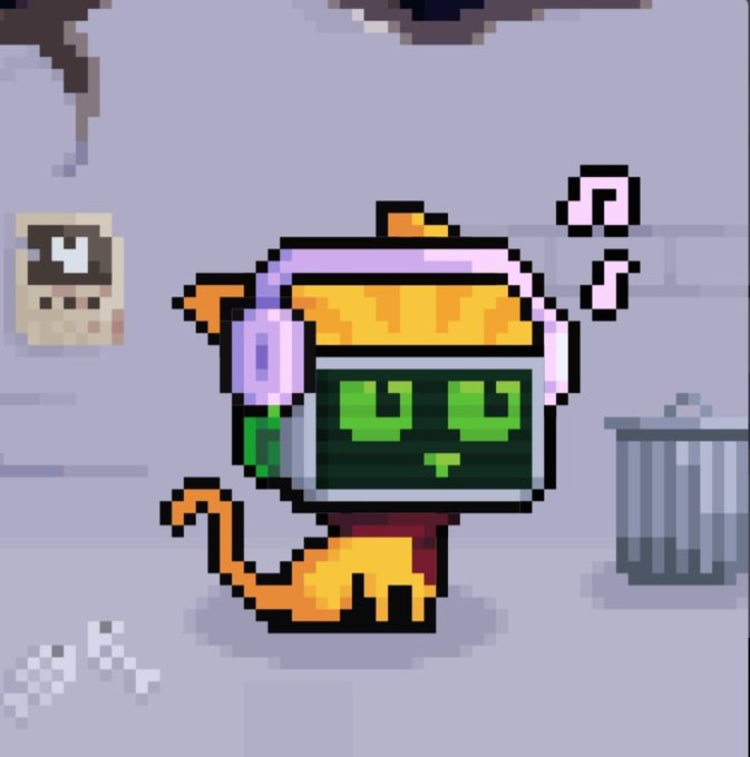 A pixel art character resembling a cat wearing yellow headphones and a green digital face stands in a winter scene with a trash can and snowflakes.