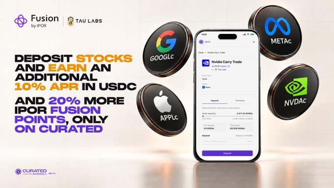A promotional graphic for the 'Fusion by IPOR' app offering 10% APR in USDC and 20% more IPOR Fusion Points, featuring a smartphone interface displaying stock deposit options like Nvidia Carry Trade, GOOGLC, METAC, APPLC, and NVDAC.