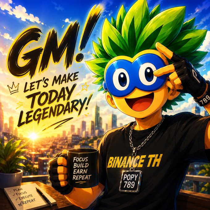An anime-style green-haired character wearing blue goggles and a 'BINANCE TH' shirt holds a mug reading 'FOCUS BUILD EARN REPEAT' against a city skyline, with the text 'GM! LET'S MAKE TODAY LEGENDARY!' displayed prominently.