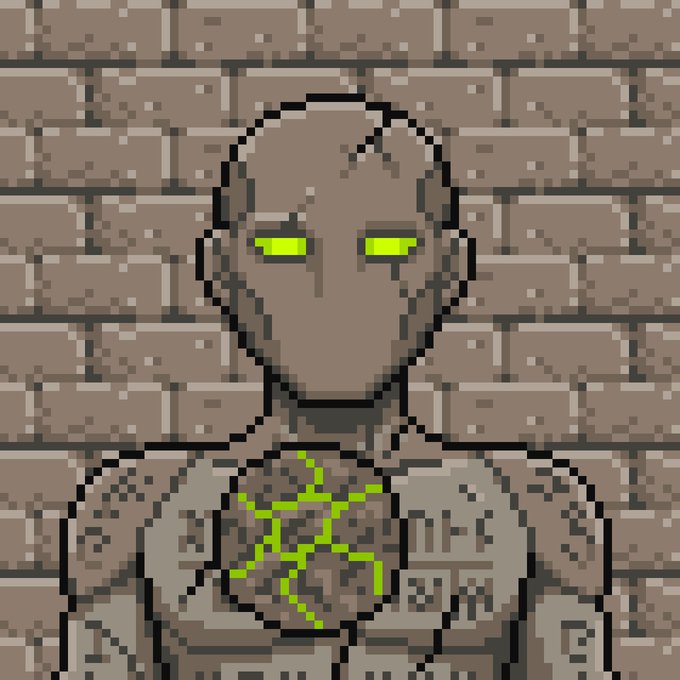 A pixel-art style image of a figure with glowing yellow eyes and a glowing green heart, set against a stone brick background.