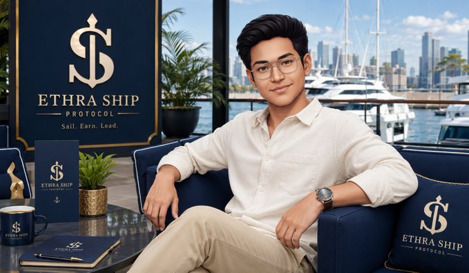 A young man wearing glasses and a white shirt sits on a navy blue sofa displaying the logo 'ETHRA SHIP PROTOCOL' with the tagline 'Sail. Earn. Lead.', with a harbor and city skyline visible behind him.