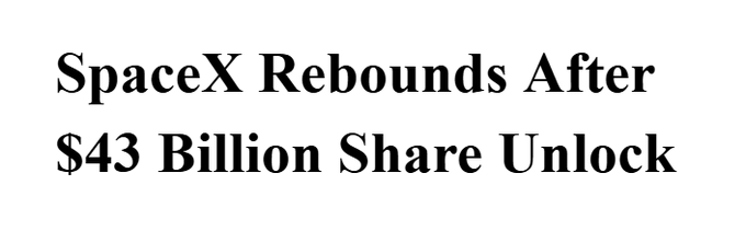The image features a headline reading "SpaceX Rebounds After $43 Billion Share Unlock," which directly addresses the post's skeptical tone about $SPCX unlock fears by highlighting how SpaceX recovered following the massive $43 billion share unlock event.