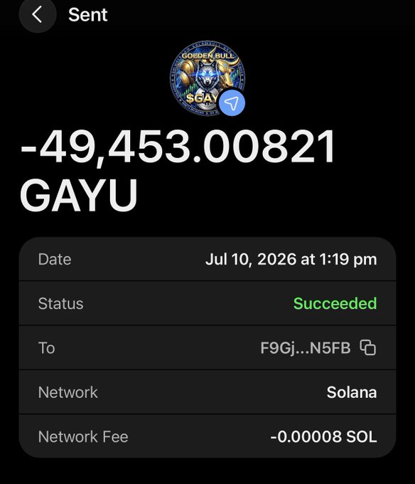 A screenshot of a successful Solana transaction on Phantom wallet showing 49,453.00821 GAYU sent to address F9Gj...N5FB on July 10, 2026, with a network fee of 0.00008 SOL, illustrating the user's claim of "doubling" their holdings.