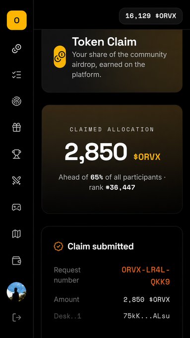 A screenshot of a token claim page for $ORVX showing a claimed allocation of 2,850 $ORVX tokens, placing the user ahead of 65% of participants at rank #36,447, with the claim submission marked as complete under request number ORVX-LR4L-QKK9.
