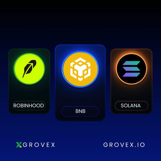 A promotional graphic displaying cryptocurrency logos for Robinhood, BNB, and Solana, branded with GROVEX and grovex.io.