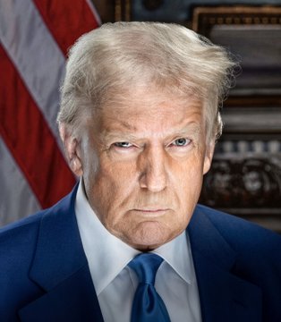 An official portrait-style photograph shows Donald Trump with a stern expression, wearing a navy suit and blue tie, with an American flag visible in the background. The image accompanies a breaking news update reporting the President's use of derogatory language toward Democrats during a campaign rally in Ohio.