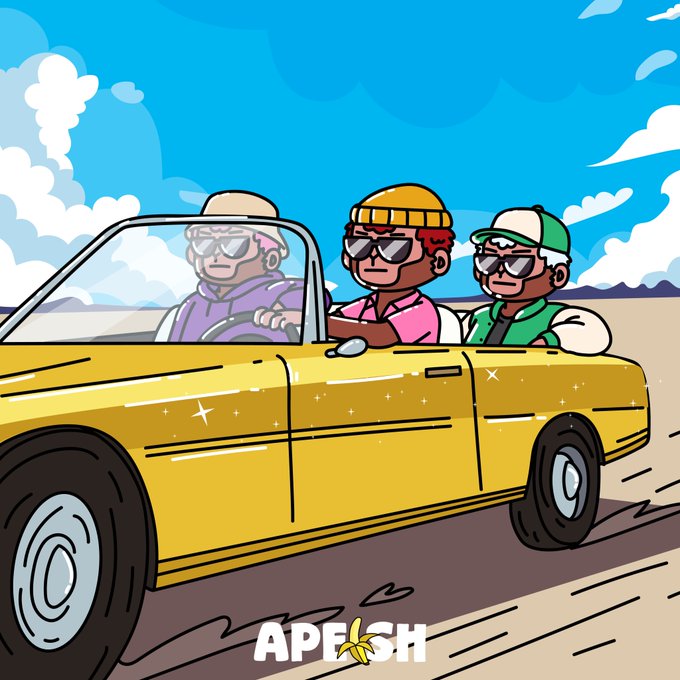 The image features three cartoon characters sitting inside a yellow car with a sunroof. The car has a "mint" logo, indicating that it's part of Mint's collection for airdrop users. The characters are wearing sunglasses and hats, suggesting they might be enjoying a sunny day or attending an outdoor event. The post also mentions the Mint collection and airdrop feature, which is related to the image as it showcases the car and its occupants in the context of Mint's offerings.