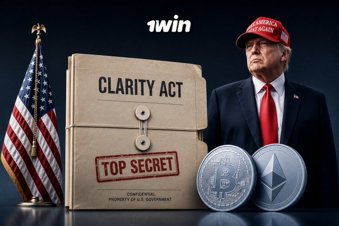 The image shows a man in a suit and red "Make America Great Again" cap standing beside a manila folder labeled "CLARITY ACT" marked "TOP SECRET — Confidential Property of U.S. Government," with an American flag and Bitcoin/Ethereum coins, under the "1win" logo. It visually reinforces the post's urgency about the upcoming CLARITY Act legislation and its potential massive impact on crypto markets, pairing the political figure with symbols of U.S. authority and digital currencies to suggest government-backed crypto growth.