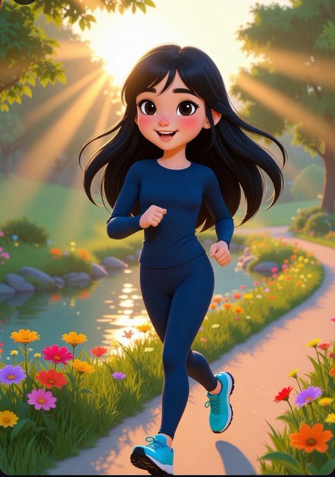 The image features a girl running down a path surrounded by flowers. The girl appears to be wearing blue clothes while she runs through the garden area. The background of the image includes trees, which adds to the overall beauty of the scene. The caption provided seems unrelated and does not seem to have any connection with the main subject or theme of the image.