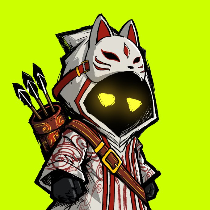 A stylized anime-inspired character wearing a white kitsune mask with red accents and glowing yellow eyes against a bright green background, carrying a quiver of arrows and wearing a patterned robe—appearing to be a preview or mascot design for the "Hooja NFTs" teased in the accompanying post about the August Robinhood Chain launch.