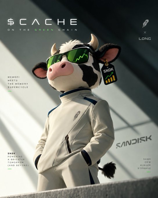 Stylized advertisement featuring a 3D-rendered cow wearing green sunglasses and a white suit, promoting '$CACHE ON THE GREEN CHAIN' as a collaboration between 'MEMEFI', 'SNDK', 'SANDISK', and 'LONG'.