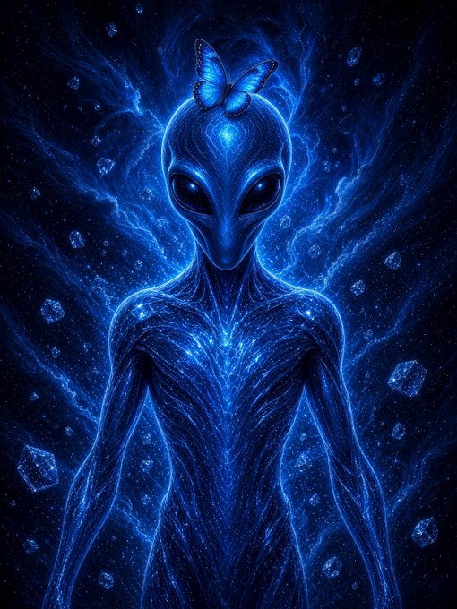 Digital artwork of a glowing blue alien figure with large black eyes, surrounded by cosmic nebula patterns, stars, and a blue butterfly perched on its head.