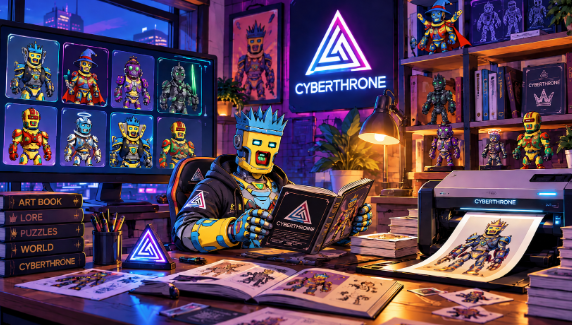 Cyberpunk-style illustration of a yellow and blue armored character at a desk with 'Cyberthrone' branding, surrounded by toy figurines, books, and an art book with character designs.