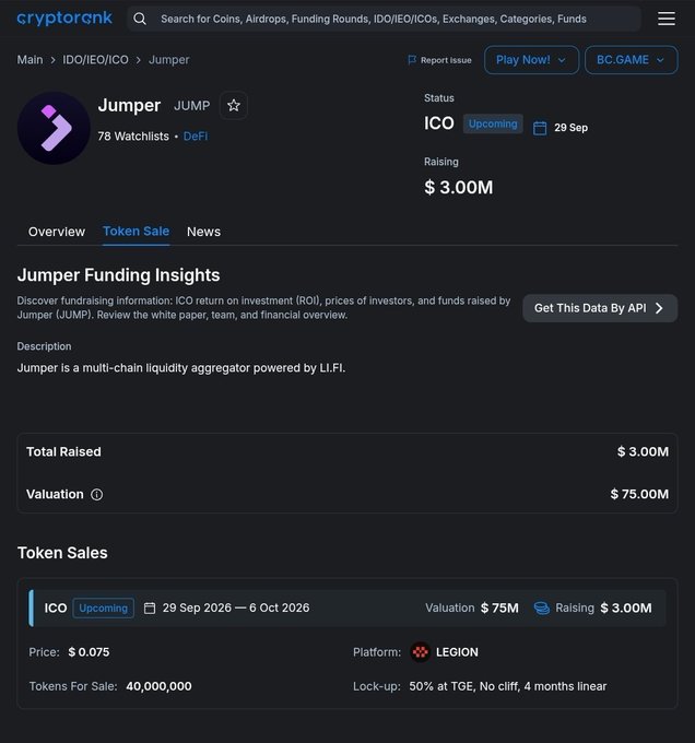 A CryptoRank page for the Jumper (JUMP) project, a multi-chain liquidity aggregator powered by LI.FI, showing an upcoming ICO on Sep 29 raising $3.00M at a $75.00M valuation with tokens priced at $0.075 on the Legion platform.