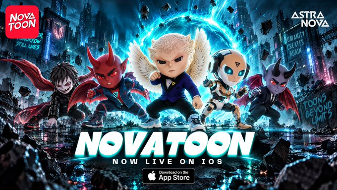 The image is a promotional banner for "NOVATOON," announcing "NOW LIVE ON iOS" with an App Store download button, featuring five animated characters including a winged angel, a red demon, a menacing clown, a robot, and a purple-horned figure against a futuristic cityscape with signs reading "HUMANITY STILL LIVES," "HUMANITY CREATES AGAIN," and "TOONS BEYOND LIMITS." This visually supports the announcement post about Nova Toons launching on the App Store, showcasing the platform's diverse original characters like "Shibamaru: The Demon Samurai" tied to Shibarium, and "WIF & the Sphere Heist" with dogwifcoin.