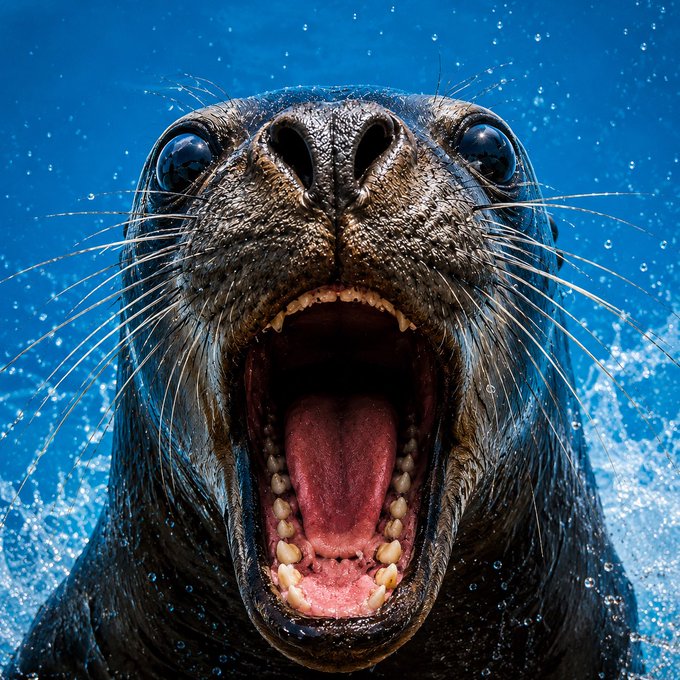 A close-up photograph of a sea lion with its mouth wide open underwater, set against a bright blue background with bubbles.