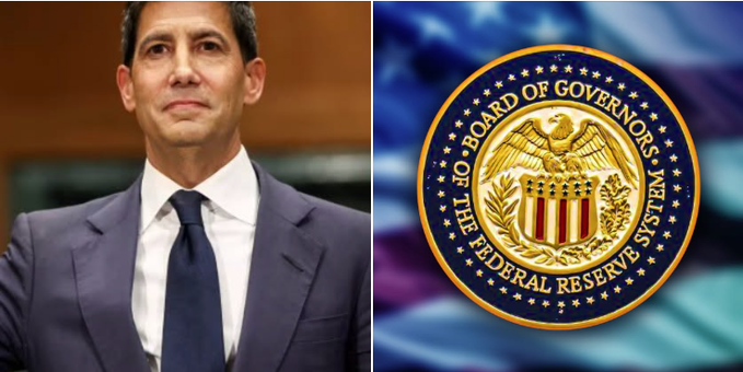 A split image shows a man in a dark suit on the left and the seal of the 'BOARD OF GOVERNORS OF THE FEDERAL RESERVE SYSTEM' on the right.