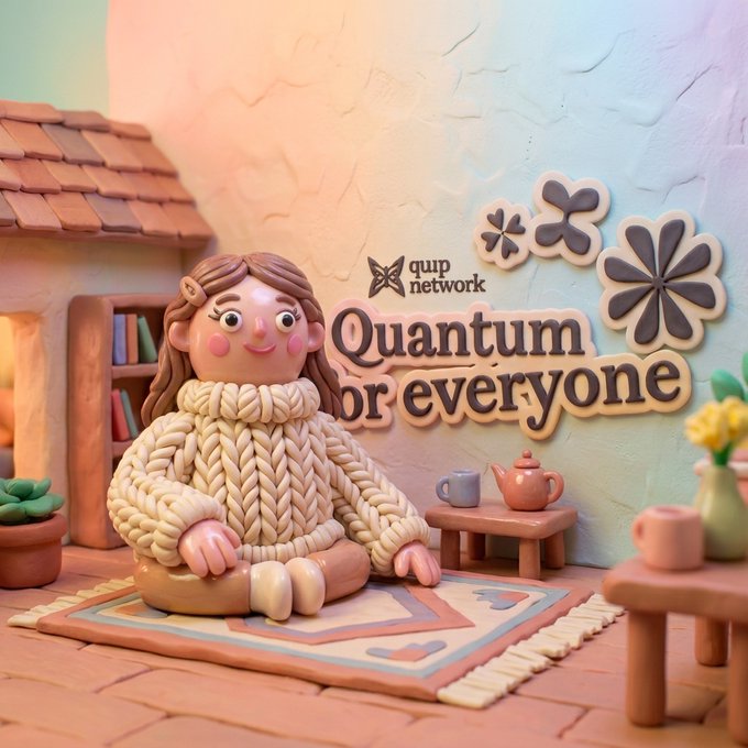 A 3D claymation-style scene featuring a figure in a knit sweater sitting in a cozy room with a miniature house, tea set, and a sign reading 'quip network' and 'Quantum for everyone'.