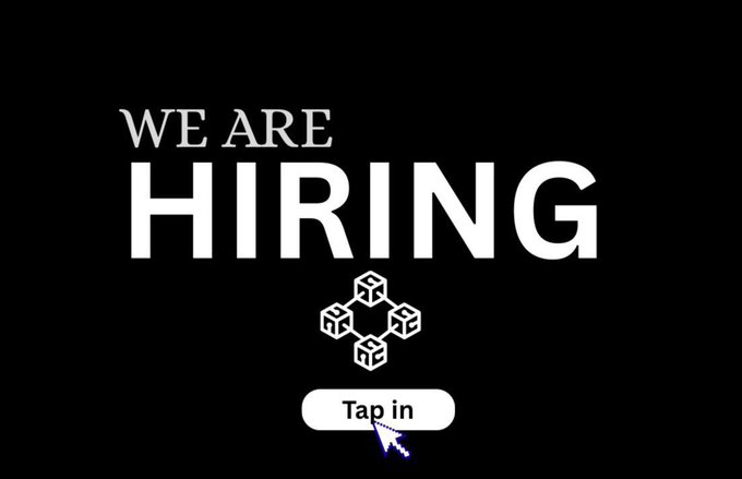 A black graphic with white text reading 'WE ARE HIRING' above a geometric cube logo and a 'Tap in' button.