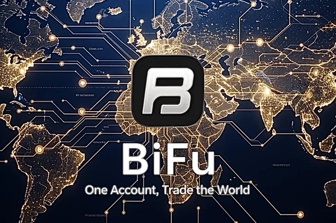 A promotional graphic for 'BiFu' featuring a stylized 'B' logo over a world map with circuit board patterns, with the tagline 'One Account, Trade the World'.