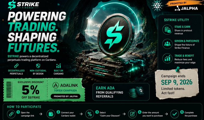A promotional banner for '$STRIKE FINANCE' reading 'POWERING TRADING. SHAPING FUTURES', advertising a campaign ending SEP 9, 2026, with a 5% off coupon promoted by JALPHA.