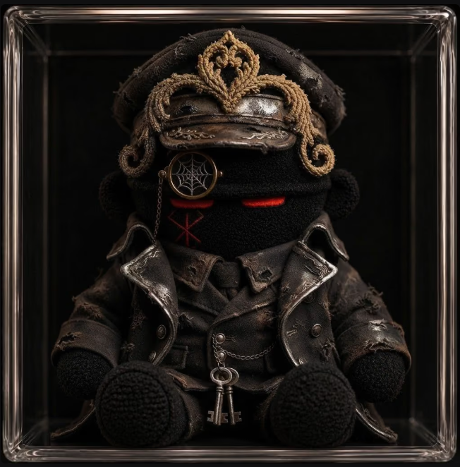 A dark, gothic-style plush figure with a military cap, monocle, red eyes, and worn leather coat sits inside a glass display case, holding a key. The image aligns with the post's theme of showcasing rare, collectible-style NFT mints (specifically from @honzomomo and @zec_bit), with the shadowy, mysterious aesthetic reflecting the "special" tease mentioned at the end.
