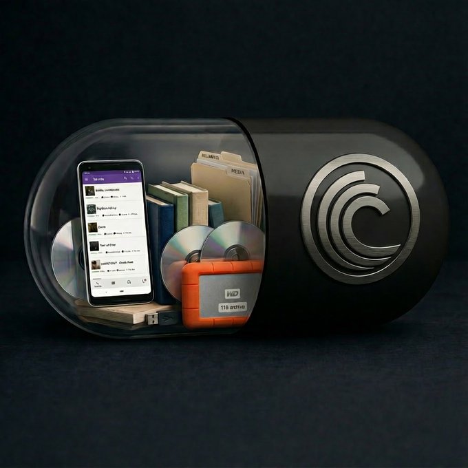 A large black capsule contains a smartphone displaying a messaging app, CDs, folders labeled "MEDIA," and a Western Digital "1TB active" hard drive, while the right end of the capsule bears a large "C" logo. The image symbolizes centralized data storage—contrasting with the post's call for Web3 to adopt decentralized, peer-to-peer data movement like BitTorrent, rather than relying on single points of control for digital assets.