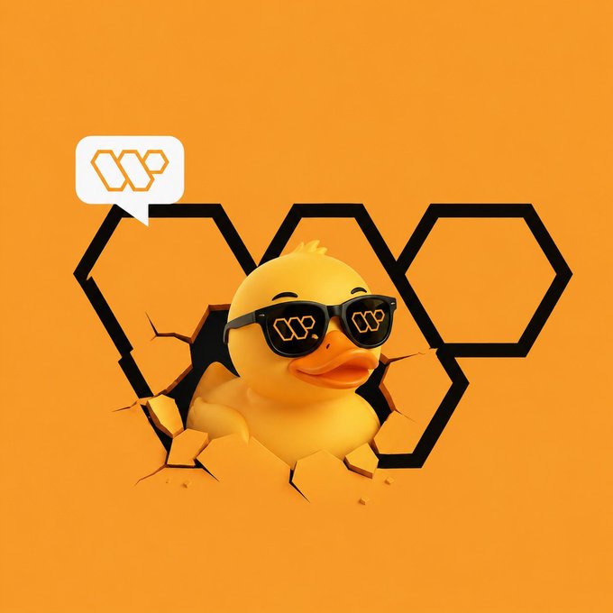A 3D illustration of a yellow duck wearing black sunglasses, breaking through an orange wall with hexagonal shapes, with a speech bubble containing a logo.