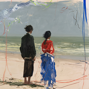 A painting of two figures, one in black and one in a red top and blue skirt, standing on a beach looking out at the ocean.