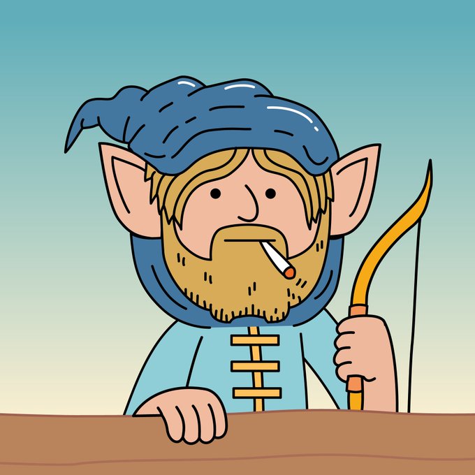 Cartoon illustration of an elf-like character with pointed ears, a blue pointed hat, blonde hair, and a beard, smoking a cigarette while holding a yellow bow.